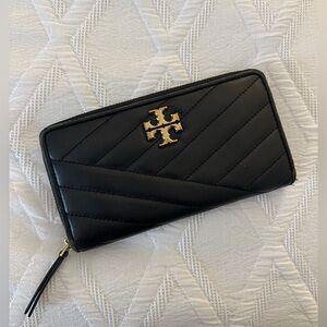 Tory Burch Black Quilted Zip-Around Wallet with Gold Logo